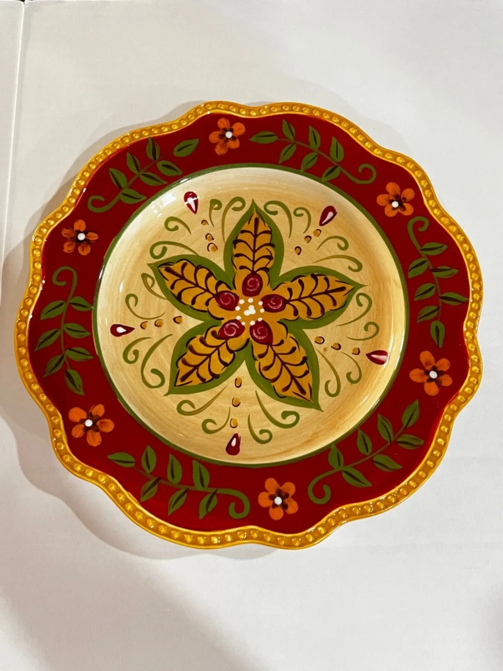 Pier 1 Juliana salad plate hand painted floral gold red scalloped edge